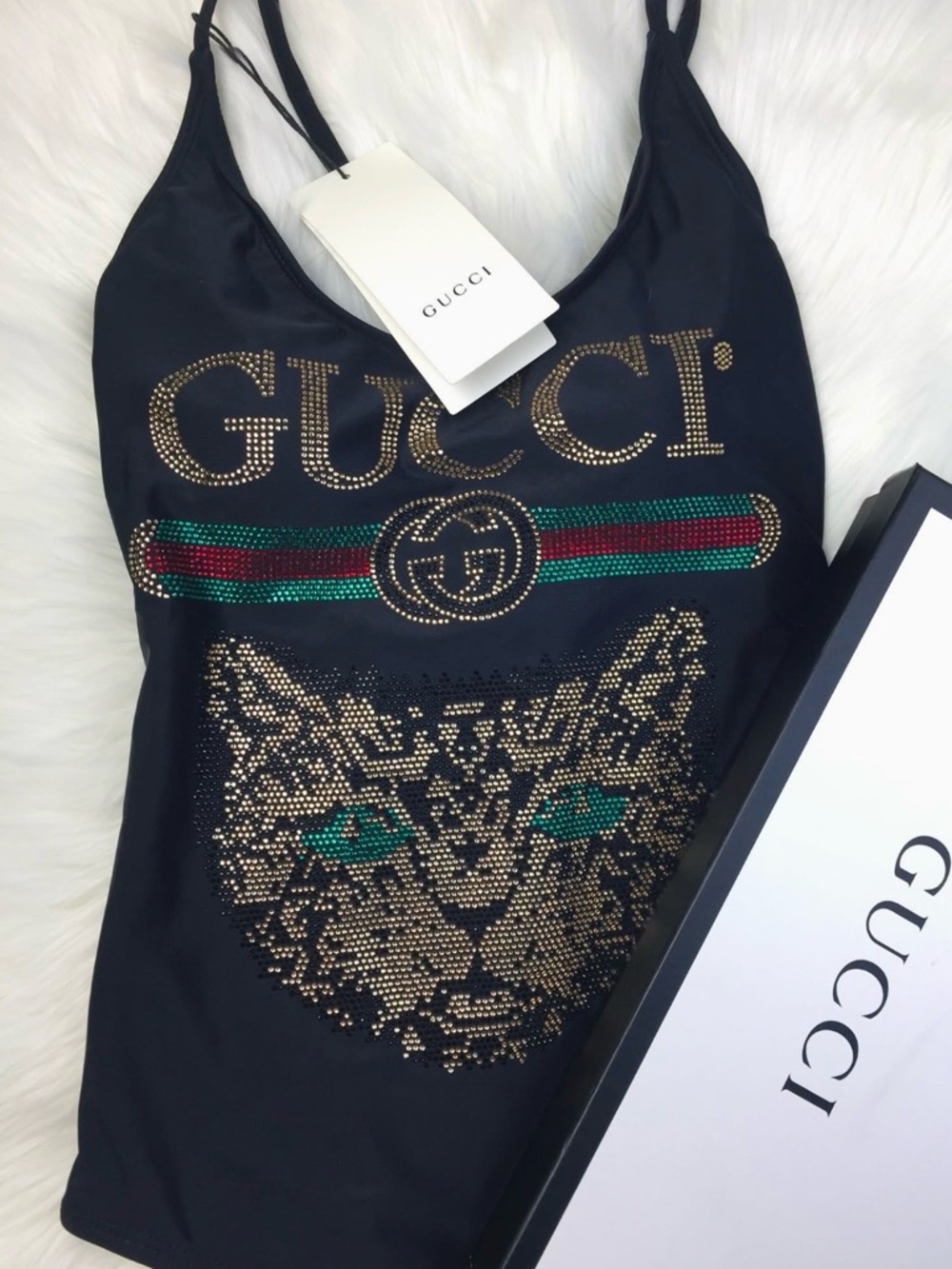 Black Crystal-Embellished Cat One Piece Swimsuit